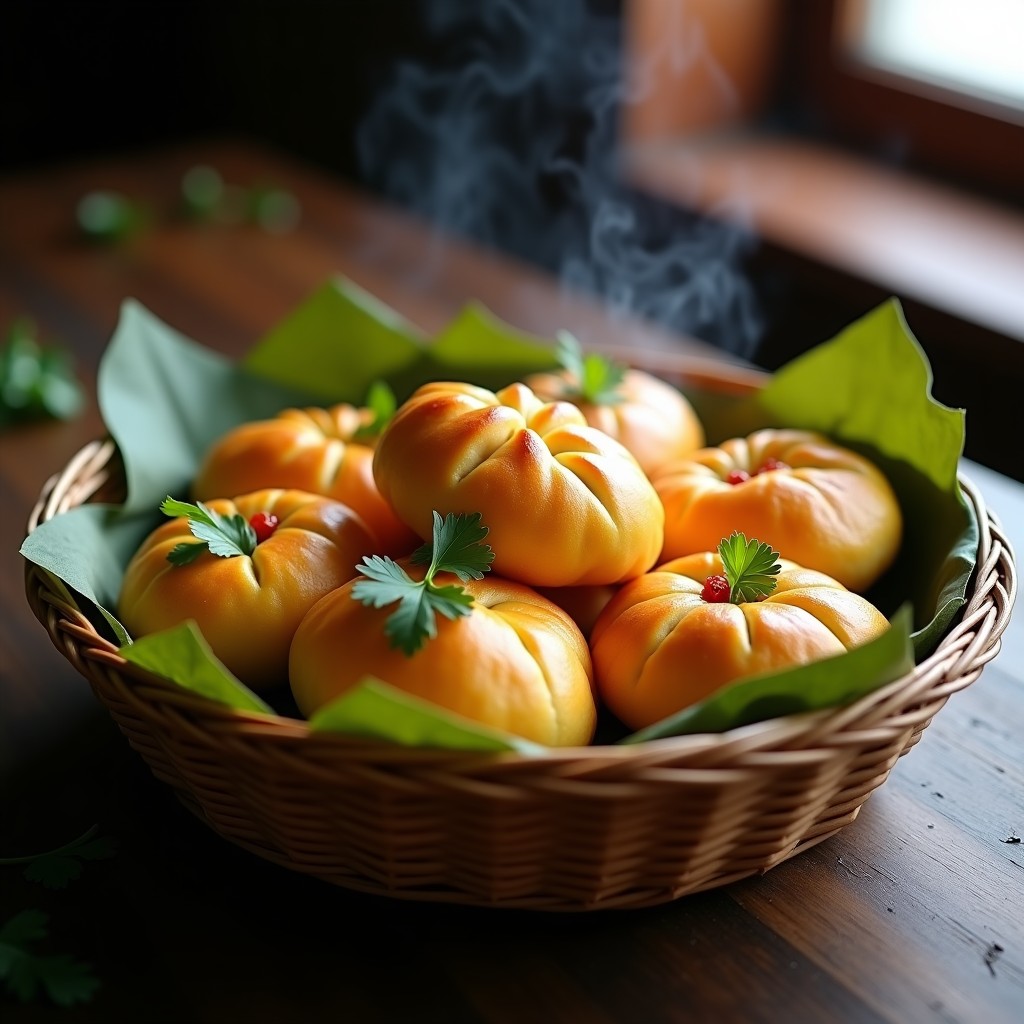 Bollos de maíz dorados rellenos de queso de cabra y tomate seco, servidos en una canasta de mimbre sobre hojas de bijao, con cilantro fresco como decoración. Receta colombiana en olla exprés.
