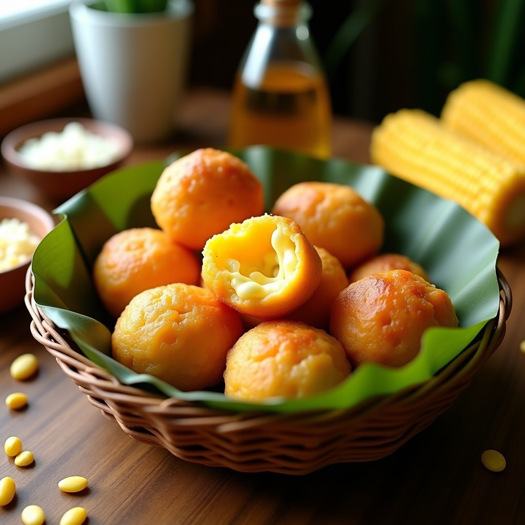 Bollos dorados y crujientes de maíz rellenos de queso derretido y choclo, servidos en una canasta de mimbre sobre fondo rústico. Receta colombiana en airfryer sin aceite.