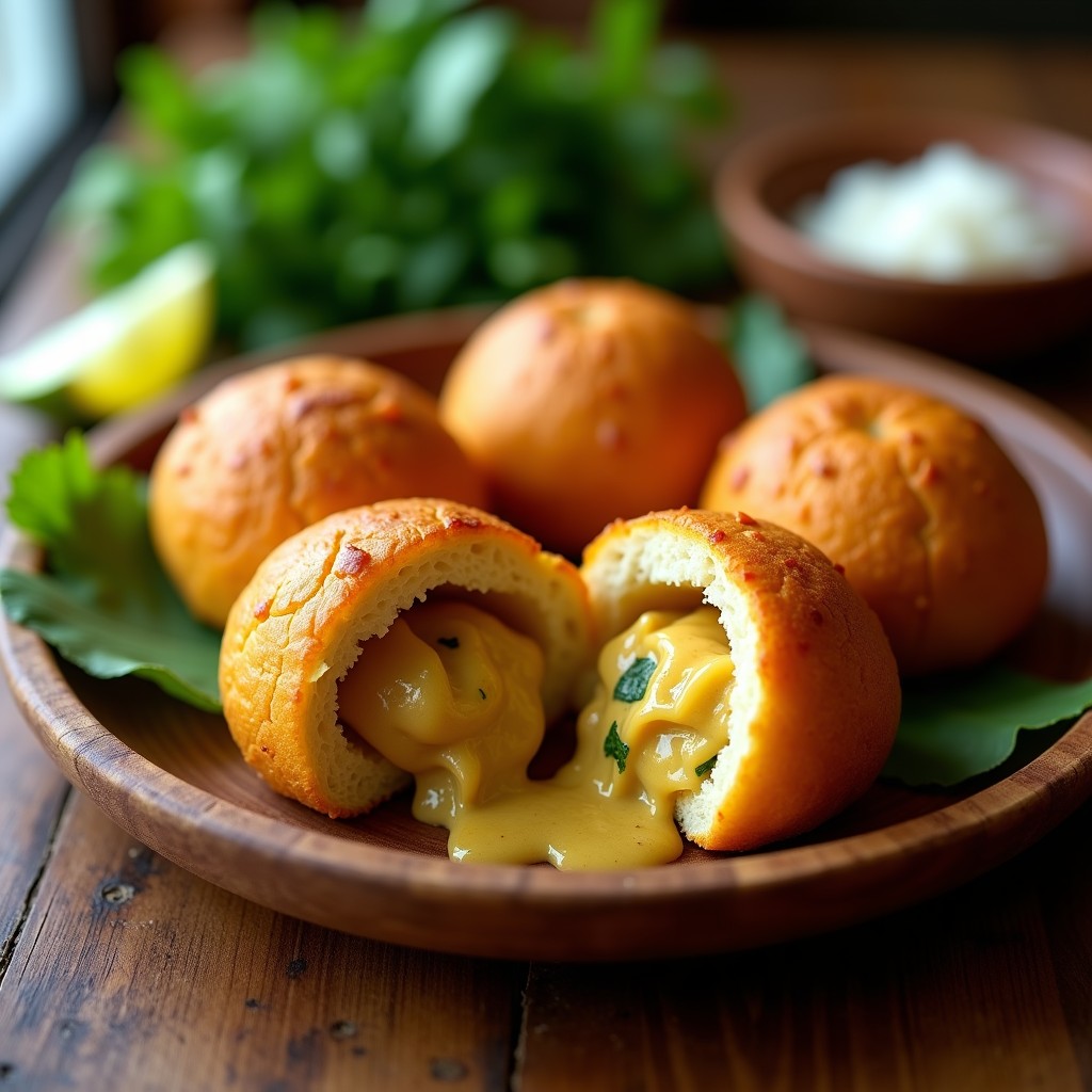 Bollos dorados y crujientes de masa de mandioca rellenos de pollo al curry, servidos en un plato de madera rústico con hojas de cilantro fresco. Receta brasileña sin gluten cocinada en airfryer.