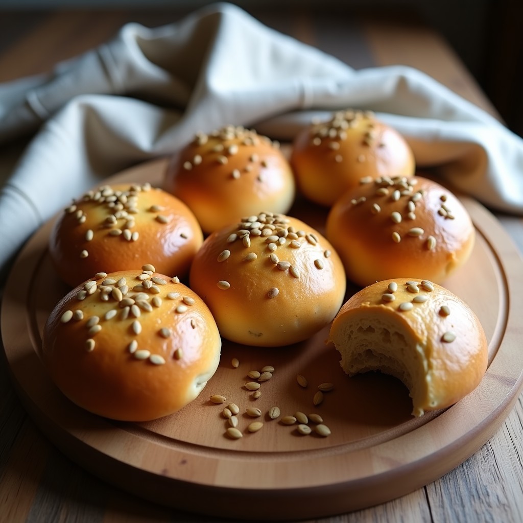 Bollos de masa madre dorados con semillas de girasol tostadas en la superficie, textura esponjosa y crujiente, servidos en una bandeja de madera rústica con fondo de panadería alemana.