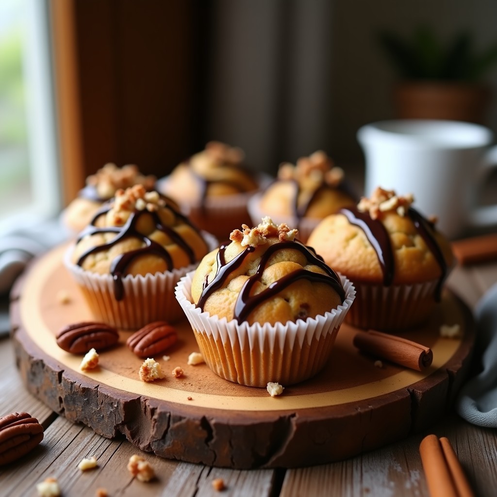 Bollos esponjosos de plátano y canela con cobertura brillante de chocolate negro 85% y nueces pecanas picadas, servidos en cápsulas de papel sobre una tabla de madera rústica.