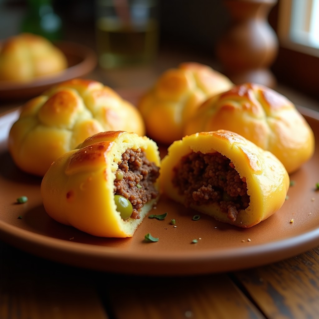 Bollos dorados de yuca abiertos por la mitad mostrando un relleno jugoso de carne picada y aceitunas verdes, servidos en un plato de barro con fondo de madera rústica. Receta caribeña en olla rápida.