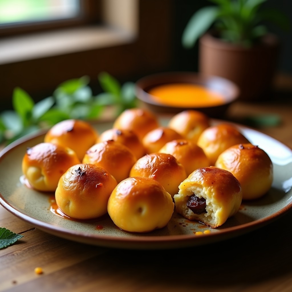Bollos dorados de masa de yuca rellenos de queso de almendras y dátiles, servidos en una fuente de barro con hojas de menta fresca. Receta brasileña sin gluten.