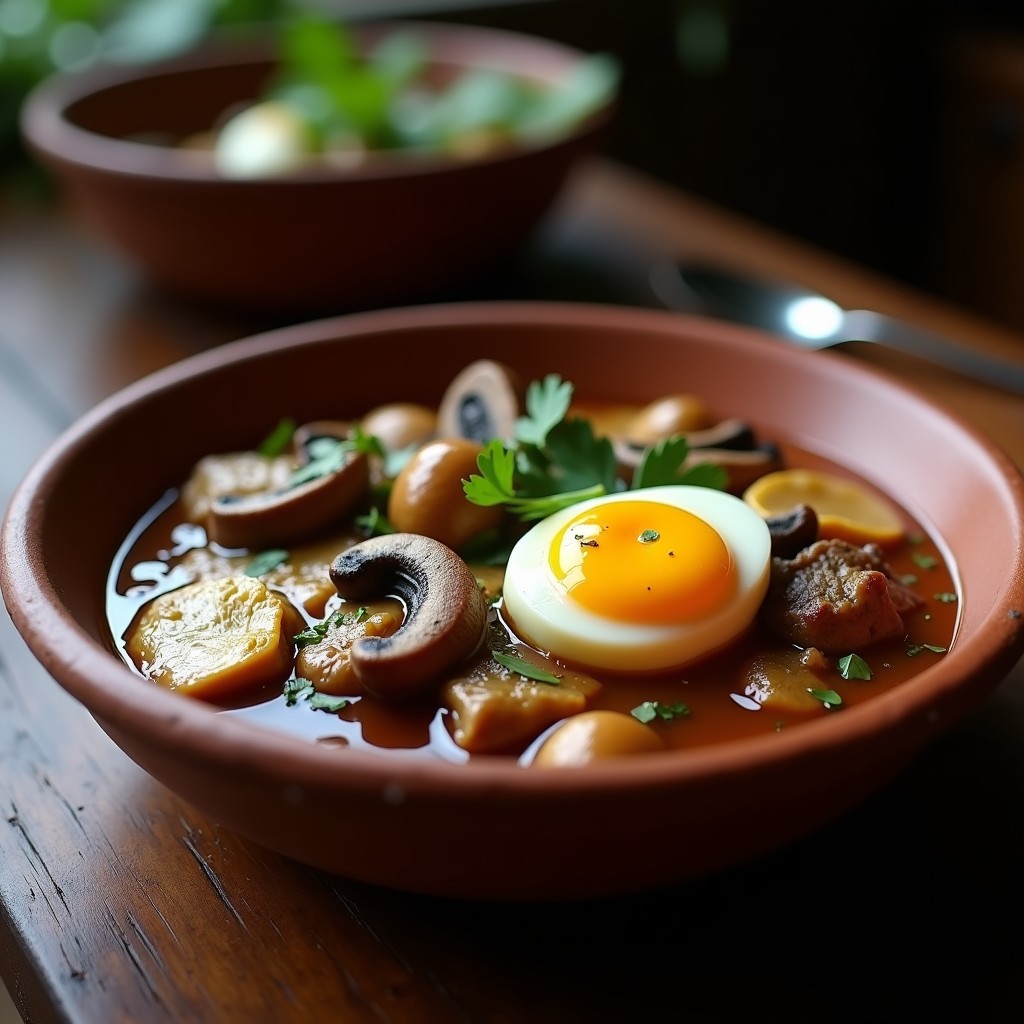 Olla de barro negra con bomba de carnes keto: trozos de falda y entraña de cerdo estofados con champiñones portobello dorados, salsa espesa de vino blanco y hierbas frescas. Huevos camperos cortados por la mitad sobre el guiso, decorados con romero. Plato rústico con fondo de madera oscura y servilleta de lino.