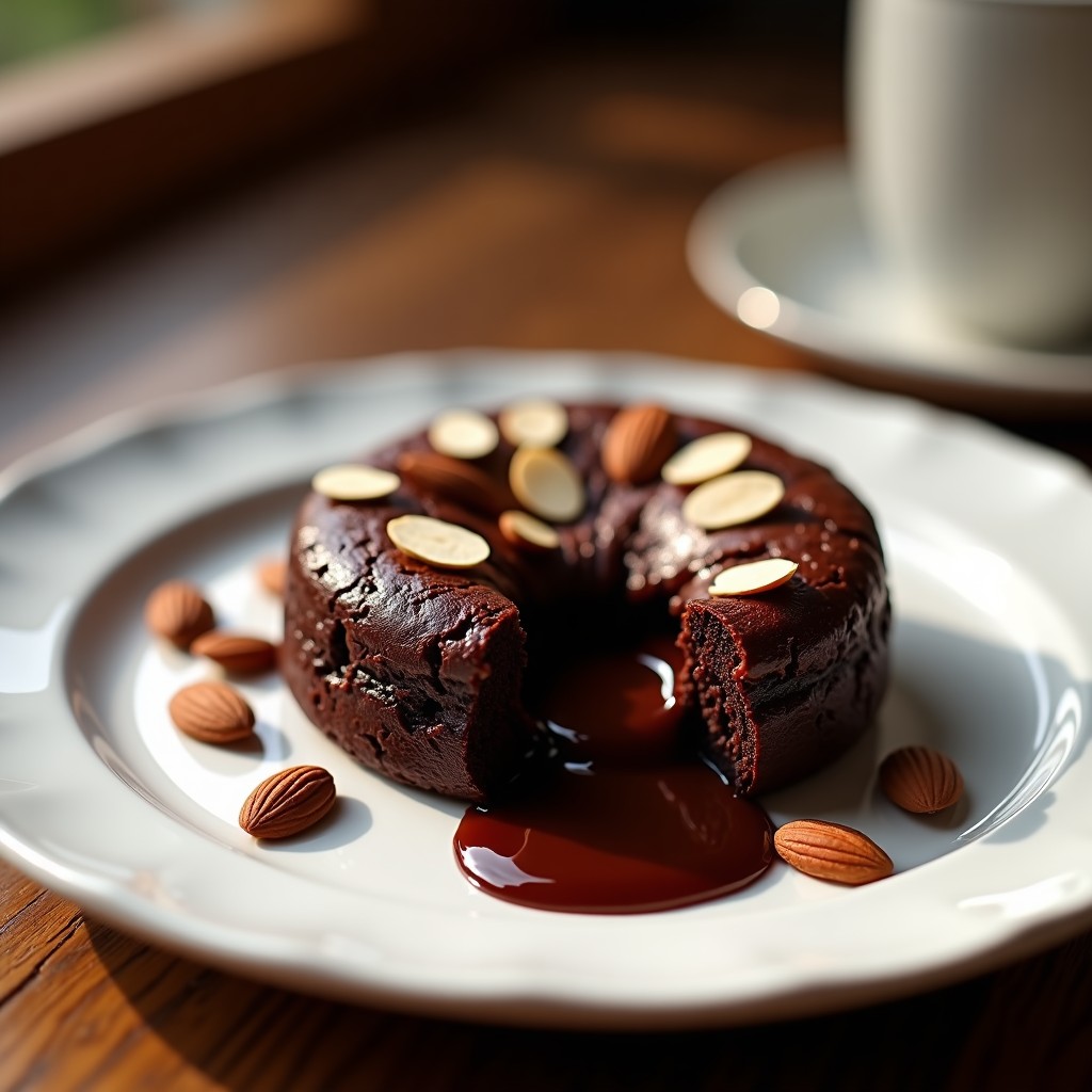 Bomba de chocolate keto con alubias negras en molde individual, corte vertical mostrando el centro líquido brillante de chocolate negro, decorada con nueces de macadamia y virutas de cacao sobre fondo oscuro.