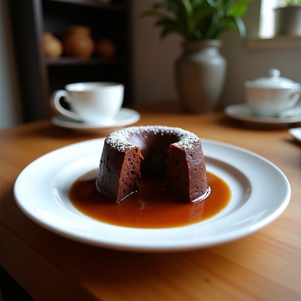 Bomba de chocolate negro brillante con vetas de café, cortada por la mitad para mostrar su núcleo líquido dorado de avellanas, sobre fondo oscuro con virutas de chocolate y avellanas enteras.