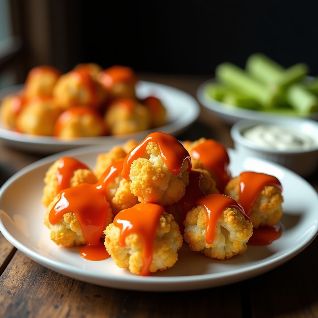 Plato blanco con bombas de coliflor doradas y crujientes bañadas en salsa Buffalo, acompañadas de bastones de apio y salsa ranchera en un bol pequeño. Receta airfryer sin gluten.