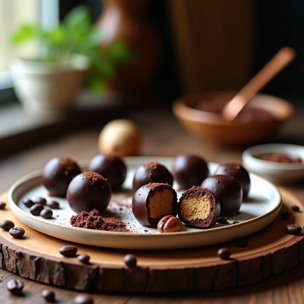 Bombones de café y avellanas keto sin azúcar con cobertura de cacao brillante, decorados con trocitos de avellana tostada, sobre papel de horno rústico.