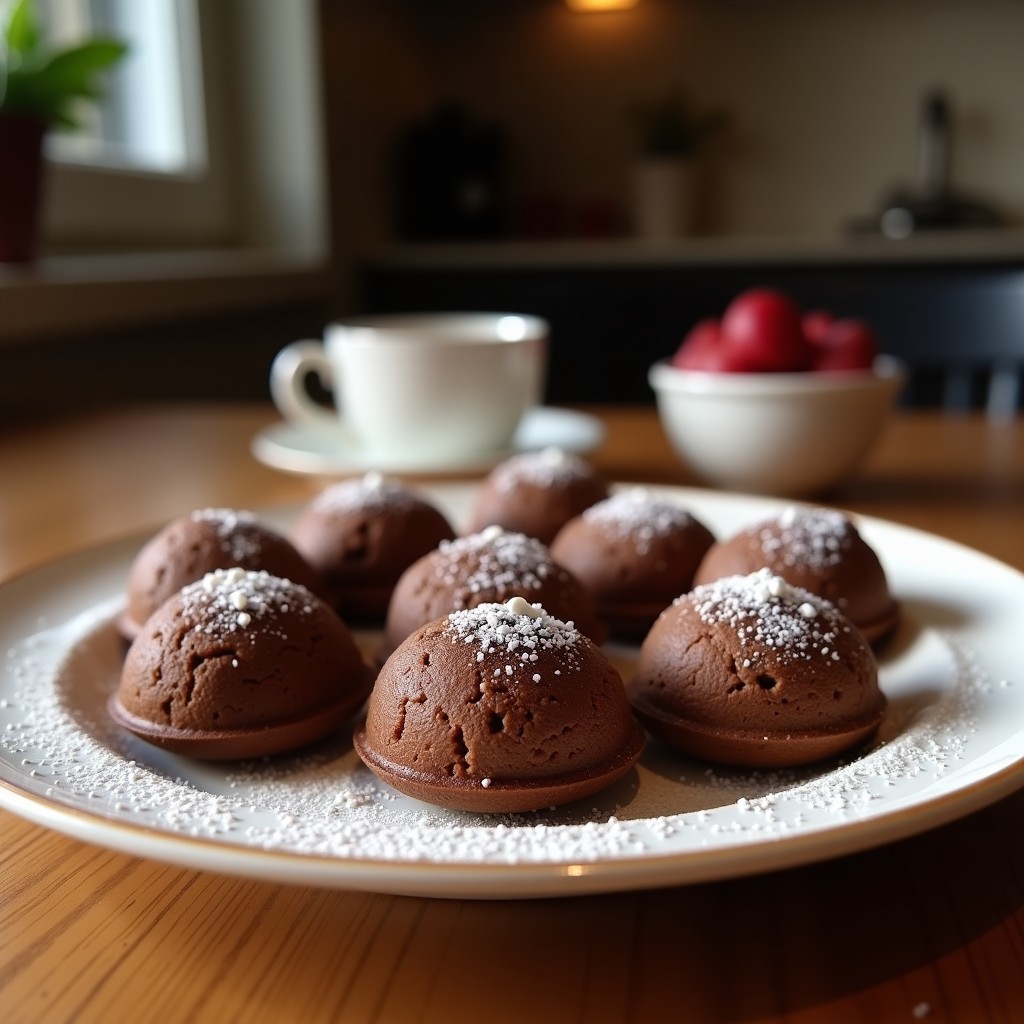 Bombones de café y cacao sin azúcar sobre un plato de cerámica blanca, espolvoreados con coco rallado y almendras fileteadas, receta keto y saludable.