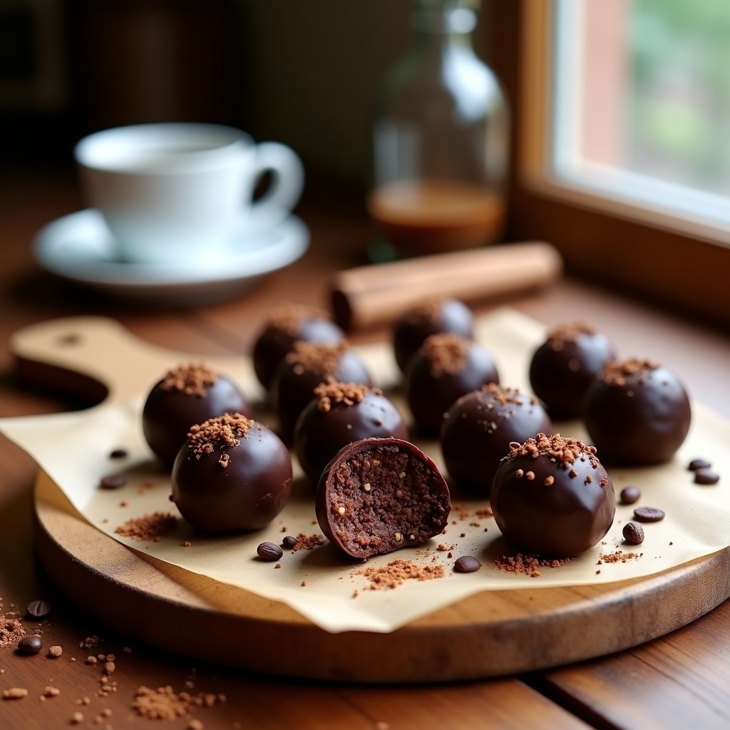 Bombones de café y hongos Reishi veganos sobre un plato de cerámica blanca, cubiertos de coco rallado y semillas de chía, con un fondo de hojas de menta y granos de café esparcidos.
