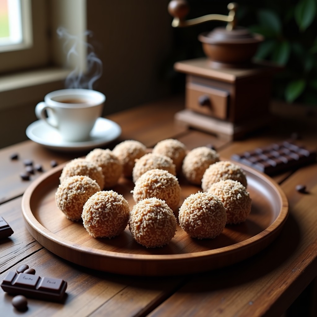 Bombones de café y liqueur rebozados en coco rallado, dispuestos en una bandeja de madera con granos de café y una taza de espresso al fondo, receta Thermomix.