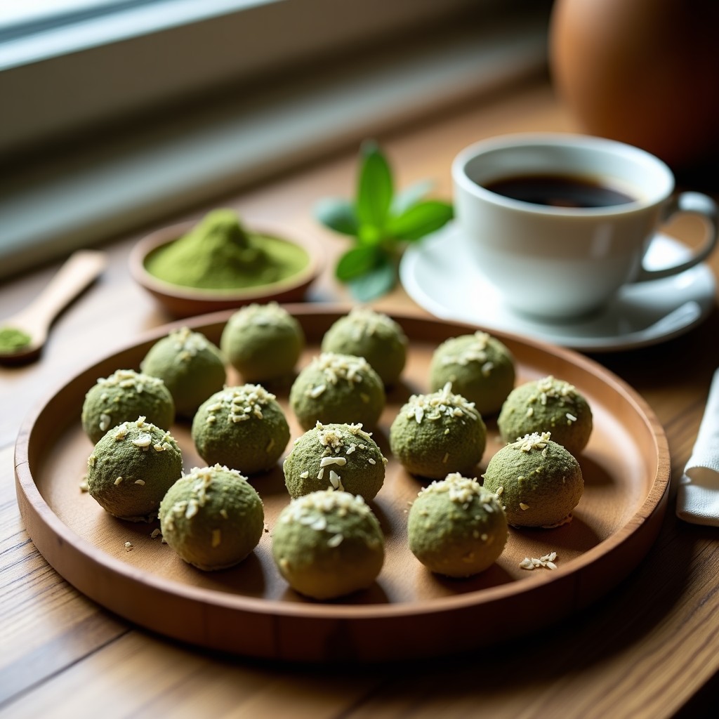 Bombones veganos de café y matcha cubiertos de coco rallado, dispuestos en una bandeja de madera con hojas de menta y una taza de café de fondo, receta sin azúcar.