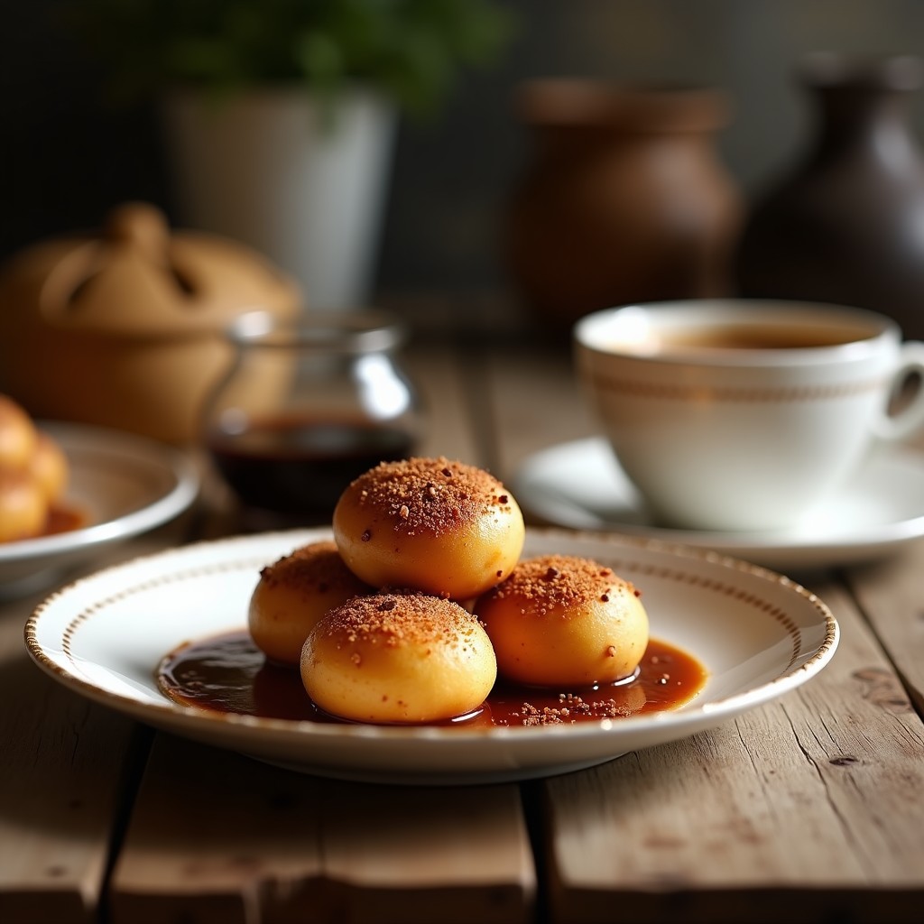 Bombones de café proteico sin azúcar sobre plato blanco, rebozados en almendras picadas, con textura cremosa y brillo natural.
