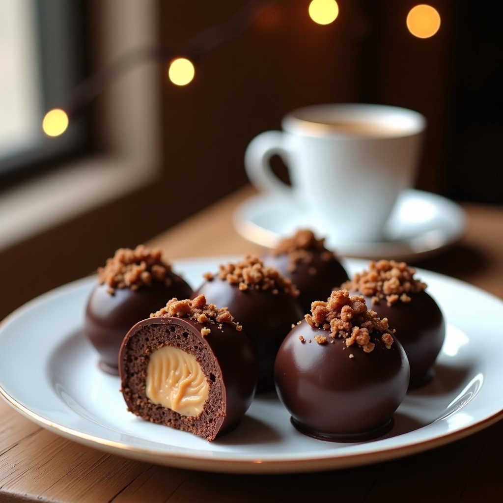 Bombones de chocolate negro con trozos de avellanas tostadas y relleno cremoso de café, servidos en un plato blanco sobre fondo rústico, receta gourmet sin azúcar.