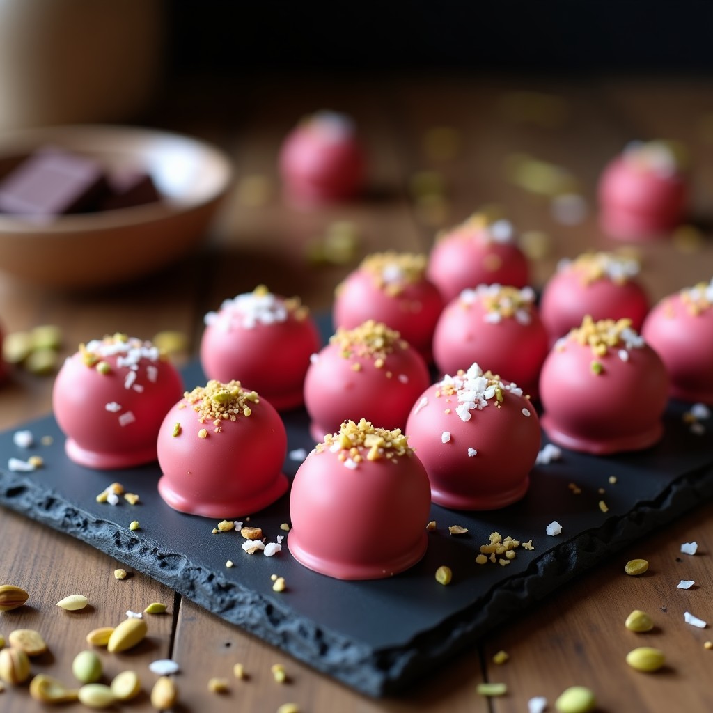 Bombones redondos de color marrón dorado cubiertos con un baño brillante de chocolate rubí rosado, decorados con pistachos picados y semillas de chía, sobre un plato blanco con detalles rústicos. Receta de bombones de dátiles y pistacho con chocolate rubí sin azúcar y sin horno.