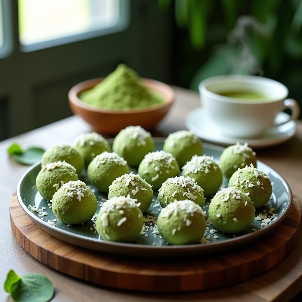 Bombones de cacahuete y matcha dispuestos en una bandeja de madera, cubiertos de coco rallado, con un fondo de hojas verdes y una taza de té matcha al lado, receta energía sin azúcar.
