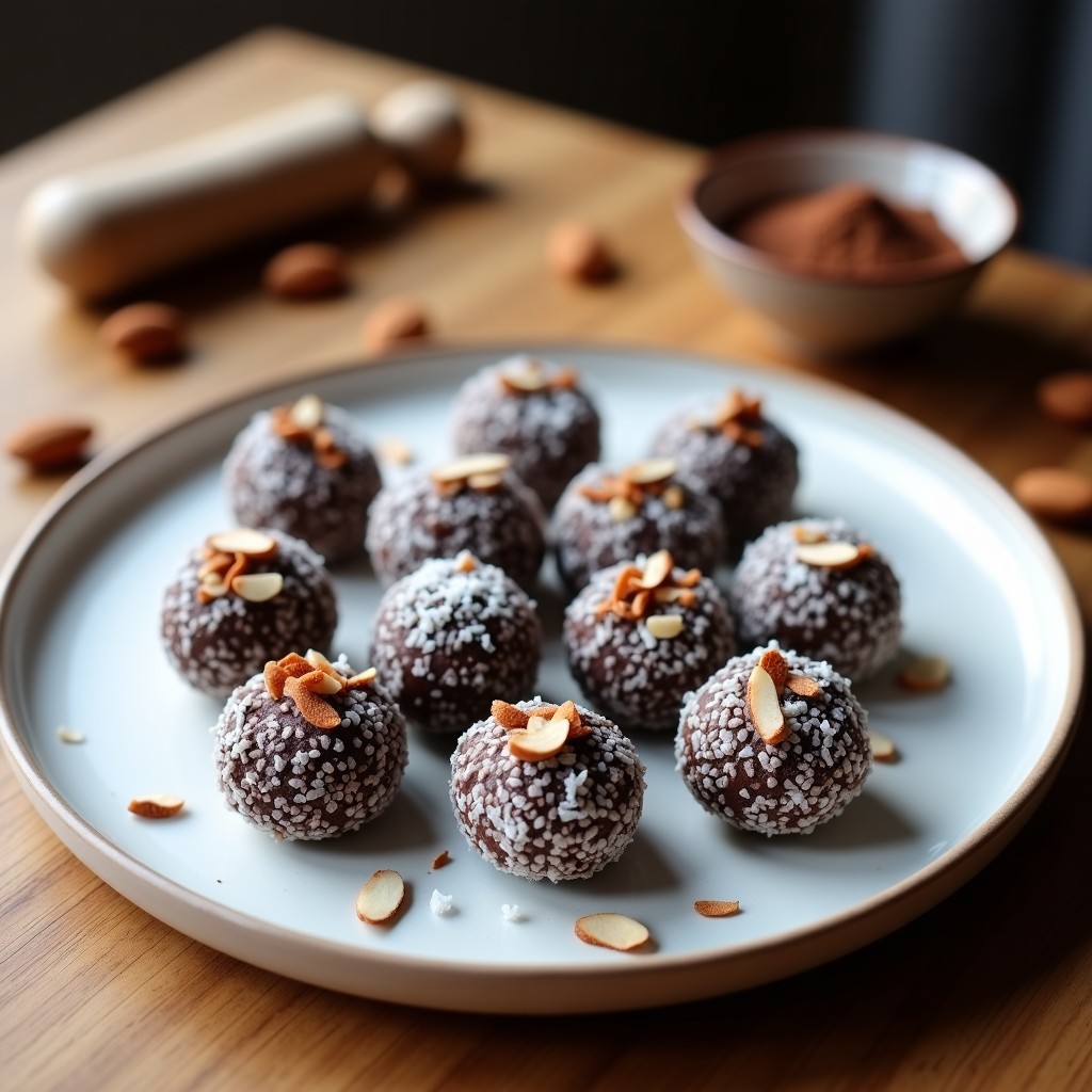 Bombones redondos de cacao y almendras con cobertura de coco rallado y almendras fileteadas, apilados en un plato blanco sobre fondo rústico, receta alta en proteína sin horno.