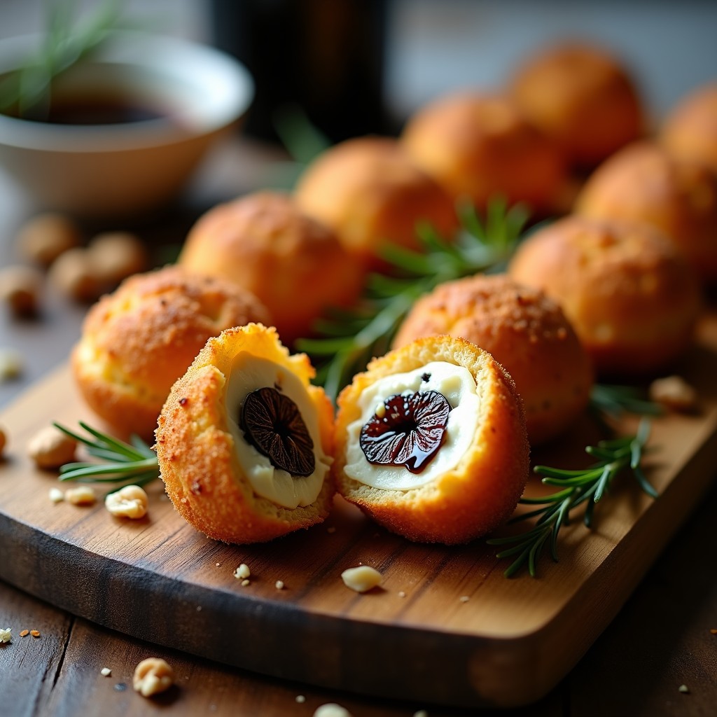 Bombones de queso azul y higo negro dorados en airfryer, con textura crujiente por fuera y cremosa por dentro, servidos en plato blanco con decoración de miel y almendras.