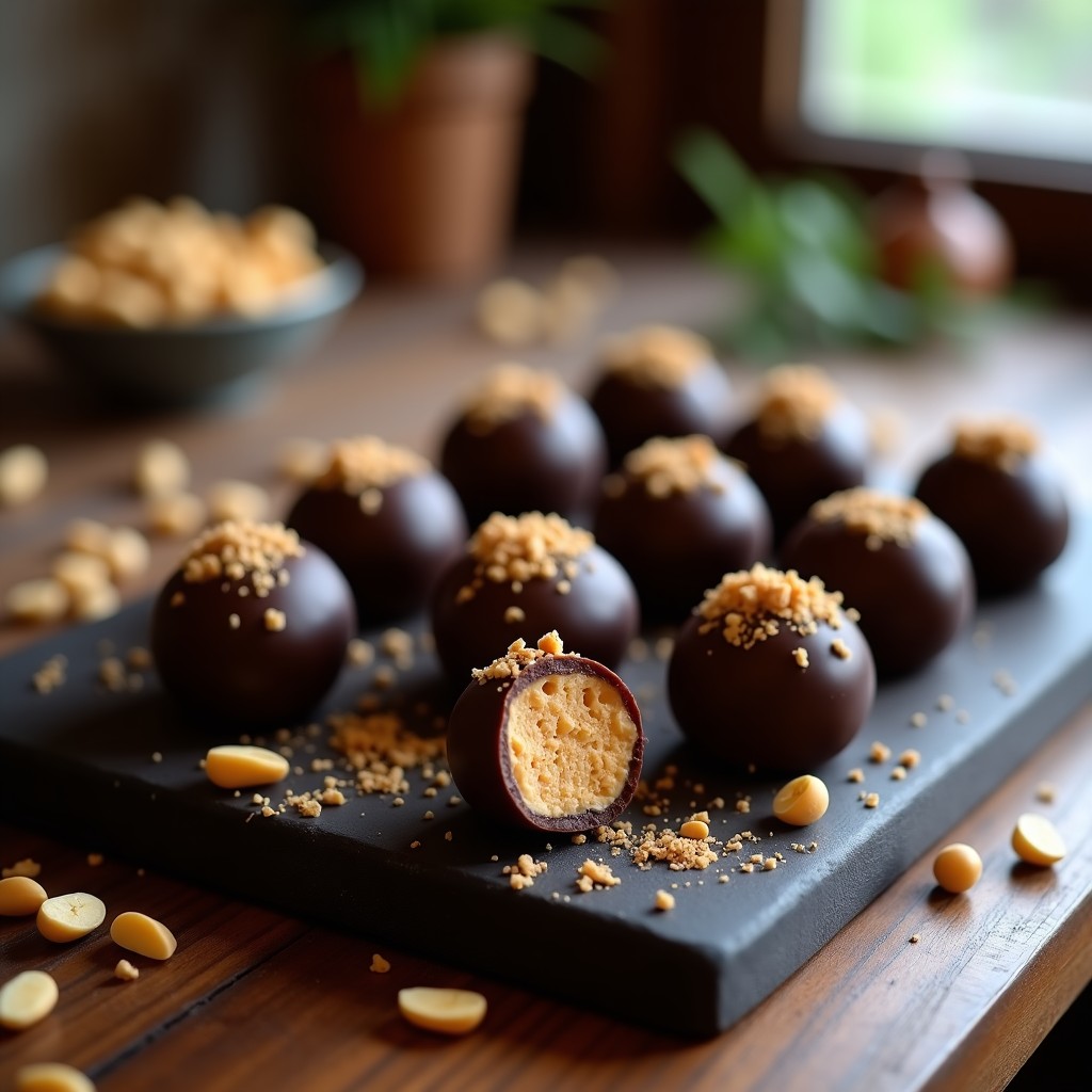 Bombones de cacahuete y chocolate negro rellenos sobre bandeja de madera oscura, con trozos de cacahuete tostado en la superficie y brillo intenso en el chocolate.