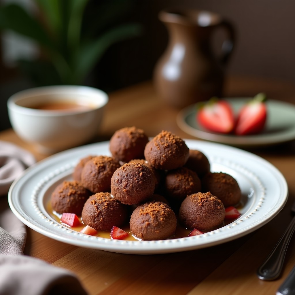 Bombones de dátiles rellenos de cacao y mantequilla de cacahuete, cubiertos de coco rallado y almendras fileteadas, servidos en un plato blanco sobre fondo rústico.