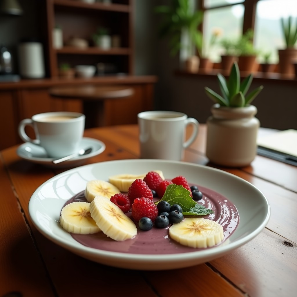 Bowl de açaí brasileño con base morada cremosa, decorado con rodajas de banana, maní tostado triturado, semillas de chía y coco rallado, servido en un plato de cerámica blanca sobre fondo rústico.