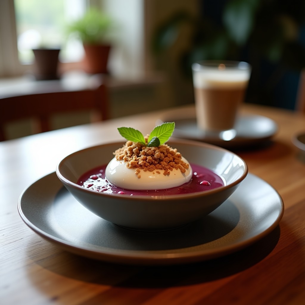 Bowl de açaí morado intenso en cuenco de cerámica blanca, coronado con crema de cacahuete dorada, granola de café crujiente, arándanos frescos y un hilo de miel de agave, desayuno brasileño alto en proteína.