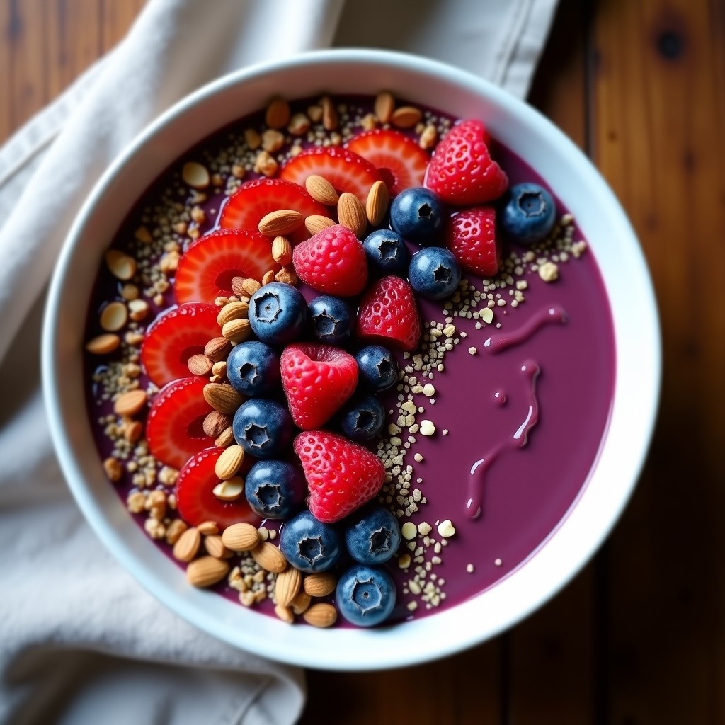 Bowl de Açaí con Toppings de Frutos Rojos y Granola de Cacao: Desayuno Antioxante