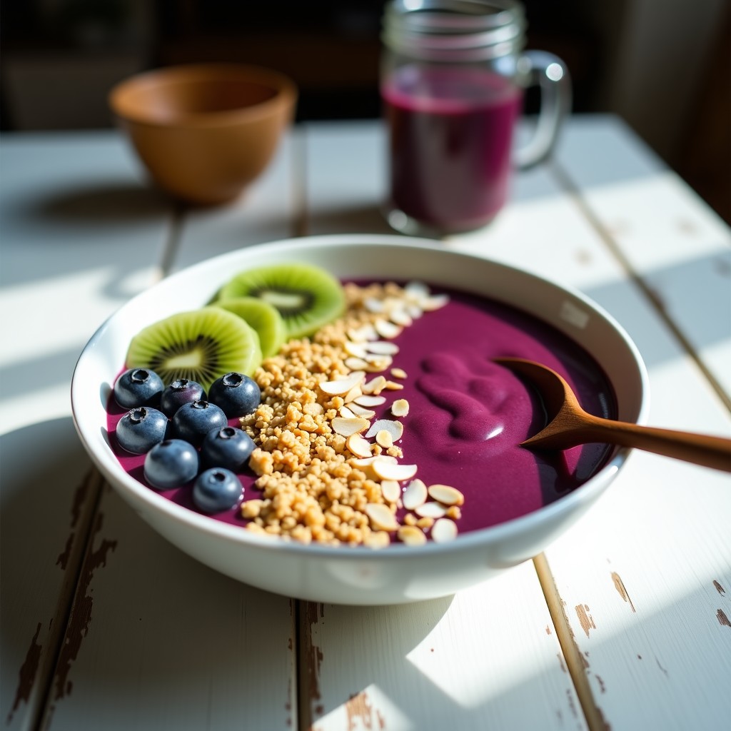 Bowl de açaí cremoso en cuenco de cerámica blanca, coronado con granola dorada de quinoa y semillas de cáñamo, rodajas de plátano caramelizado, arándanos frescos, kiwi en cubos y hojas de menta. Fondo de madera clara con luz natural.