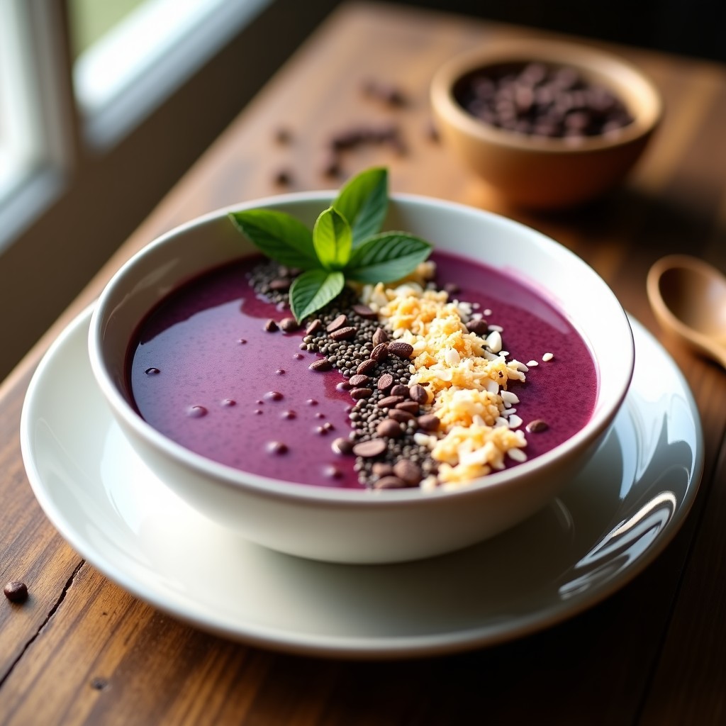 Bowl de açaí cremoso en un cuenco de cerámica blanca, cubierto con leche de anacardos, cacao nibs, semillas de chía, coco rallado y hojas de menta, sobre una mesa de madera con luz natural.