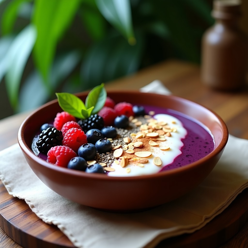 Bowl de açaí morado intenso con leche condensada vegana cremosa en el centro, decorado con frutos del bosque frescos, semillas de chía, harina de almendra y coco rallado. Postre brasileño sin azúcar servido en cuenco de barro.