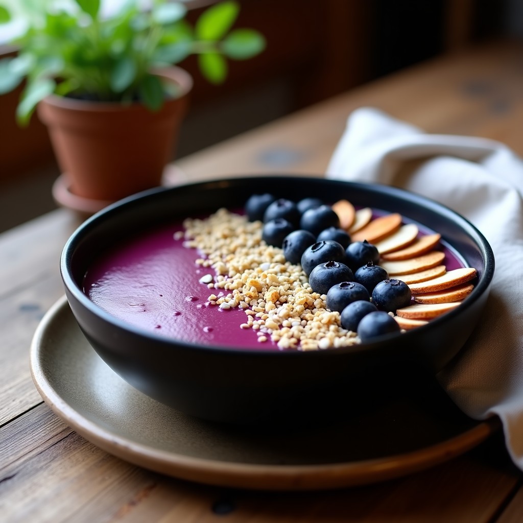 Bowl de açaí y polvo de baobab en recipiente de barro negro, con base morada oscura, decorado con semillas de cáñamo, almendras tostadas, coco rallado y arándanos frescos. Desayuno africano alto en antioxidantes sobre fondo de madera rústica.
