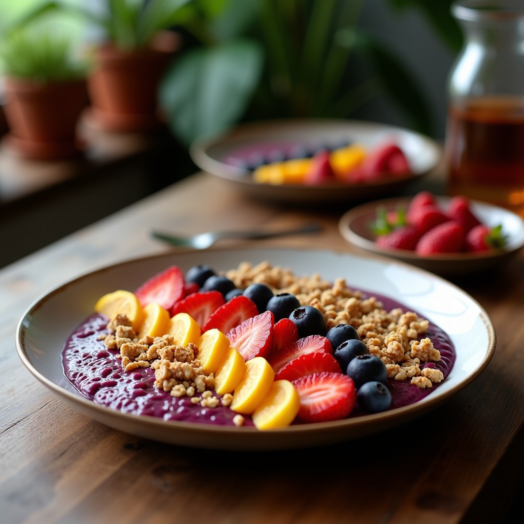 Bowl de açaí morado vibrante con toppings de mangostán blanco, rodajas de carambola amarilla y pulpa de kiwano verde. Cubierto con granola de coco dorada, almendras fileteadas y semillas de sésamo negro. Base cremosa y decoración colorida sobre fondo blanco.