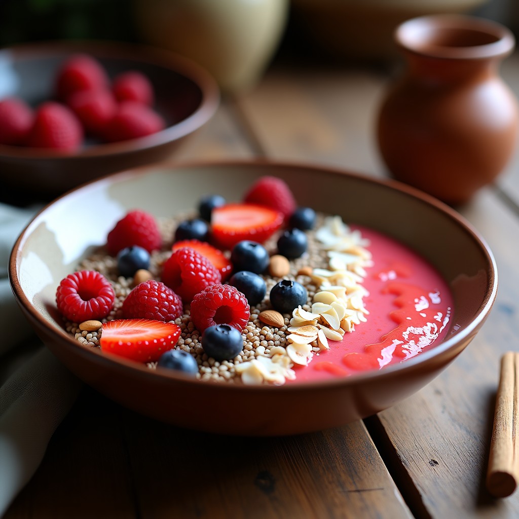Bowl de cerámica blanca con base cremosa de amaranto cocido, coronado con frutos rojos frescos (arándanos, frambuesas y fresas en rodajas), bañado con una salsa rosada de rosa mosqueta y decorado con semillas de chía y almendras fileteadas. Fondo rústico con texturas naturales y luz suave que resalta los colores vibrantes del desayuno andino alto en antioxidantes.