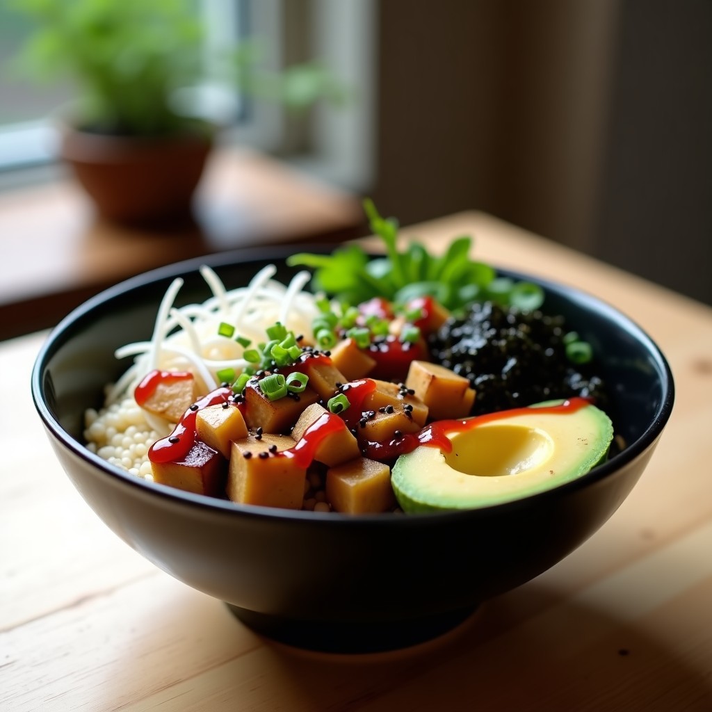 Bowl japonés de cerámica negra con base de amaranto cocido, hongos maitake dorados salteados, cubos de aguacate verde, brotes de rábano daikon blancos, tiras de alga nori oscura y semillas de sésamo negro. Bañado en salsa de ciruela umeboshi de color rojo intenso, decorado con cebollino picado. Plato de desayuno detox y alto en proteína sobre fondo de madera clara.