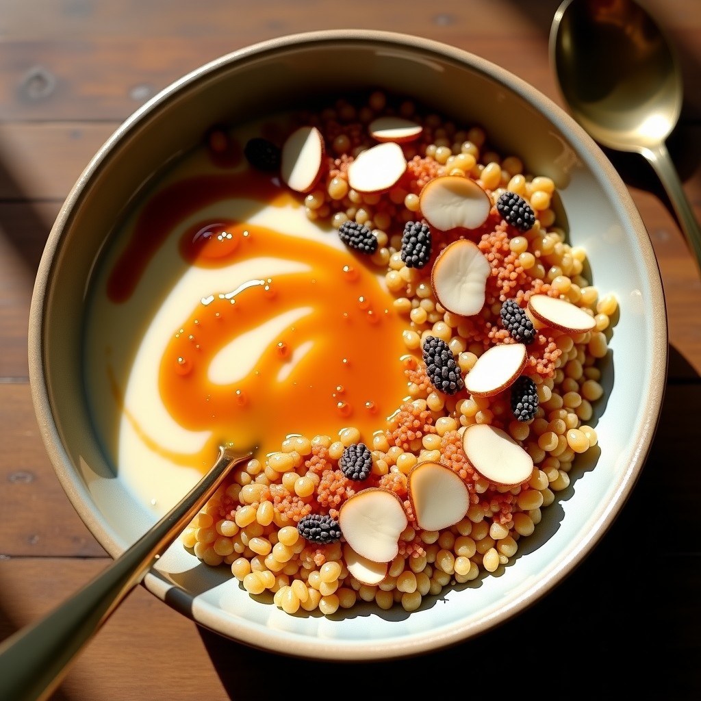 Bowl de desayuno indio sin gluten con amaranto inflado crujiente, leche de soja cremosa, salsa de tamarindo dorada y toppings de coco rallado, almendras y semillas de chía.