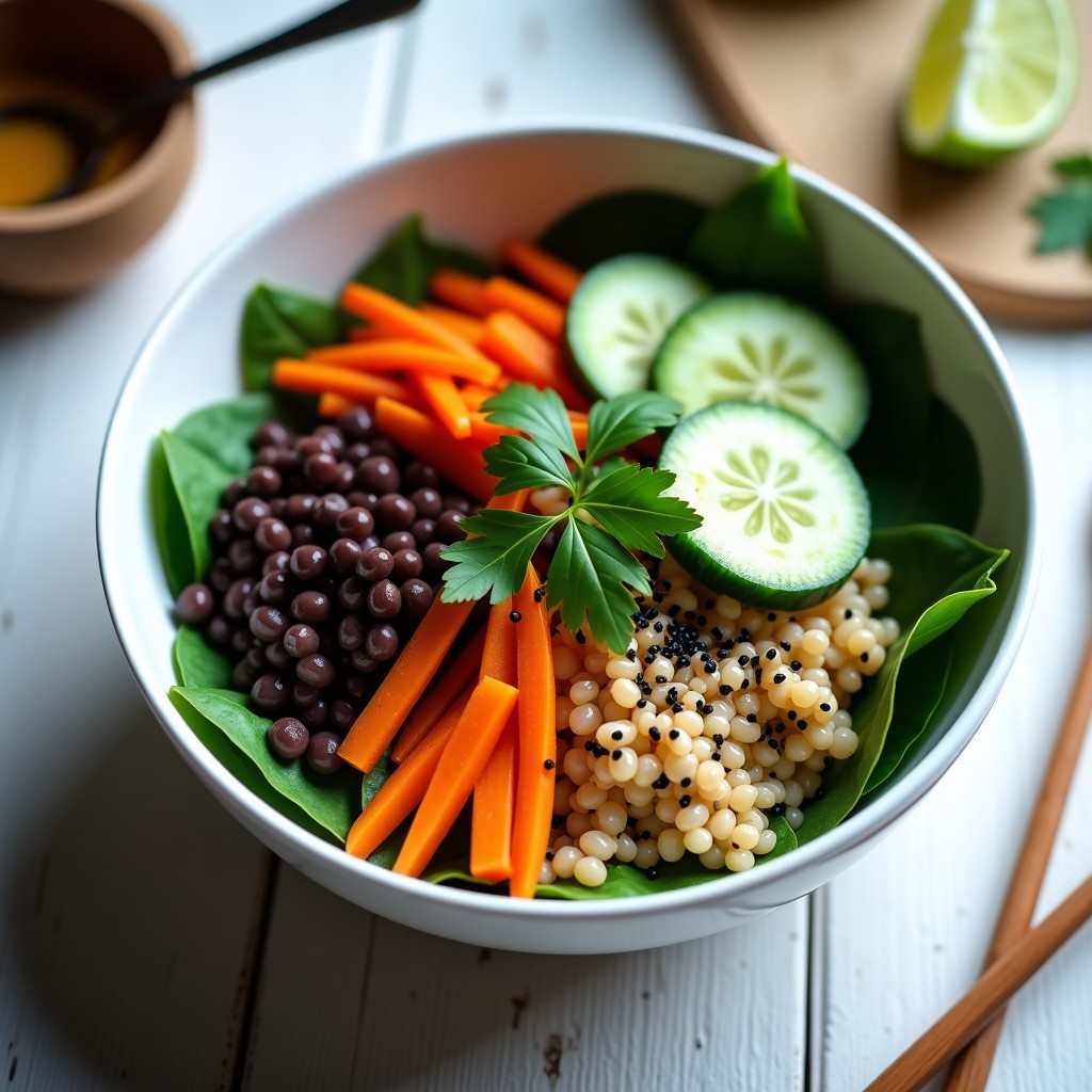 Bowl de cerámica blanca con base de espinacas baby, amaranto dorado, lentejas beluga oscuras, zanahoria morada en juliana y pepino japonés. Todo bañado en una vinagreta brillante de lima kaffir, decorado con semillas de sésamo negro y cilantro fresco. Receta vegana tailandesa alta en hierro.
