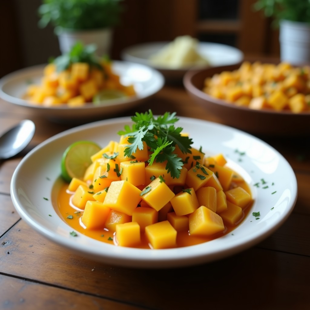 Bowl colorido con amaranto inflado dorado, cubos de mango amarillo anaranjado, semillas de chía negras y almendras fileteadas, bañado en un aderezo verde claro de lima y cilantro. Plato servido en un tazón de barro rústico sobre fondo de madera con hojas de cilantro fresco.