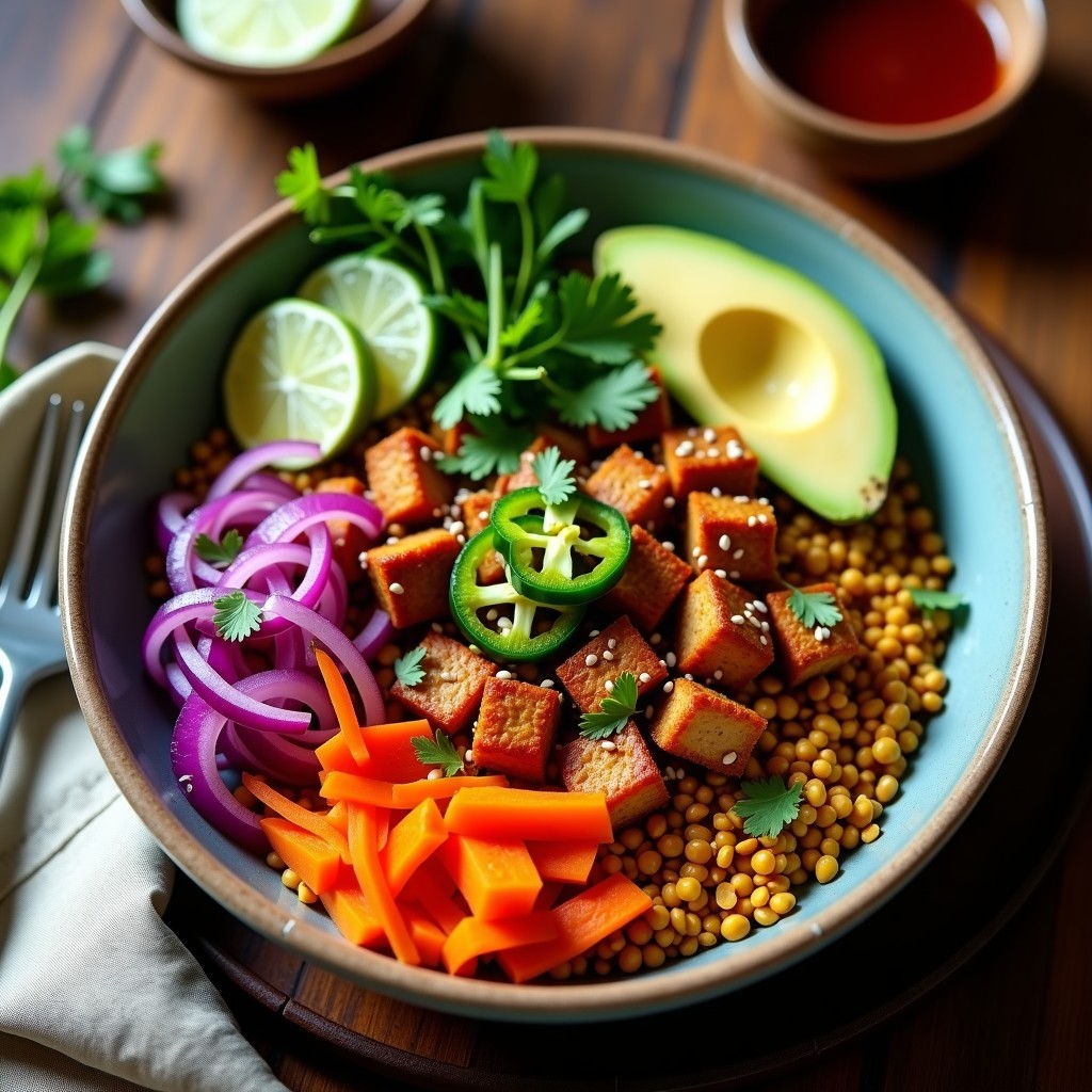Bowl de amaranto inflado dorado con trozos de pollo al chipotle, vegetales encurtidos morados y verdes, aguacate en cubos y crema agria, decorado con cilantro fresco. Receta mexicana keto alta en proteína.