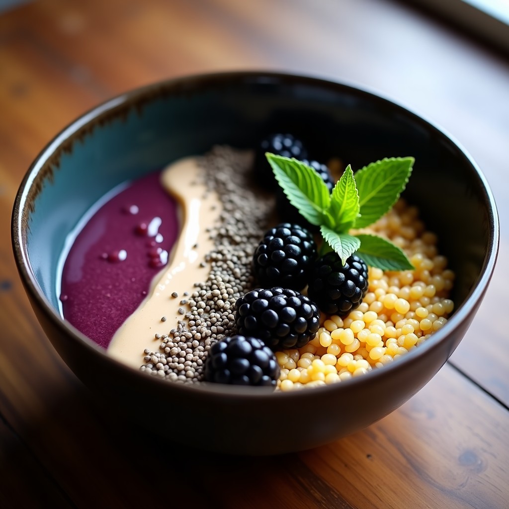 Bowl de cerámica negra con base de amaranto cocido dorado, crema de almendras espesa de color beige, coulis de zarzamora morado intenso, semillas de chía espolvoreadas y hojas de menta fresca. Desayuno azteca sin gluten con texturas contrastantes.