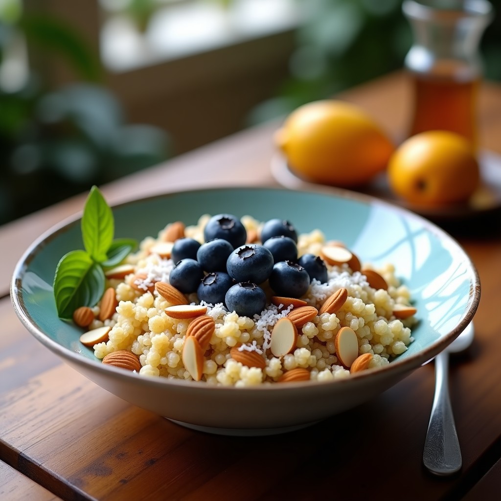 Bowl colorido con quinoa cocida como base, arándanos frescos, almendras fileteadas, coco rallado y un hilo de miel, receta antioxidante rápida.