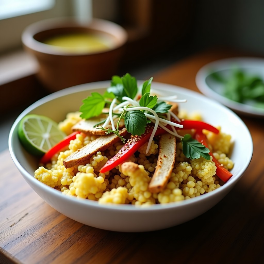 Bowl vibrante con base de arroz de coliflor dorado, cubierto de curry verde tailandés con trozos de pollo, calabacín, pimiento rojo y cebolla morada. Decorado con hojas de albahaca, semillas de sésamo, anacardos y un chorrito de limón. Plato colorido y apetecible con texturas crujientes y cremosas.