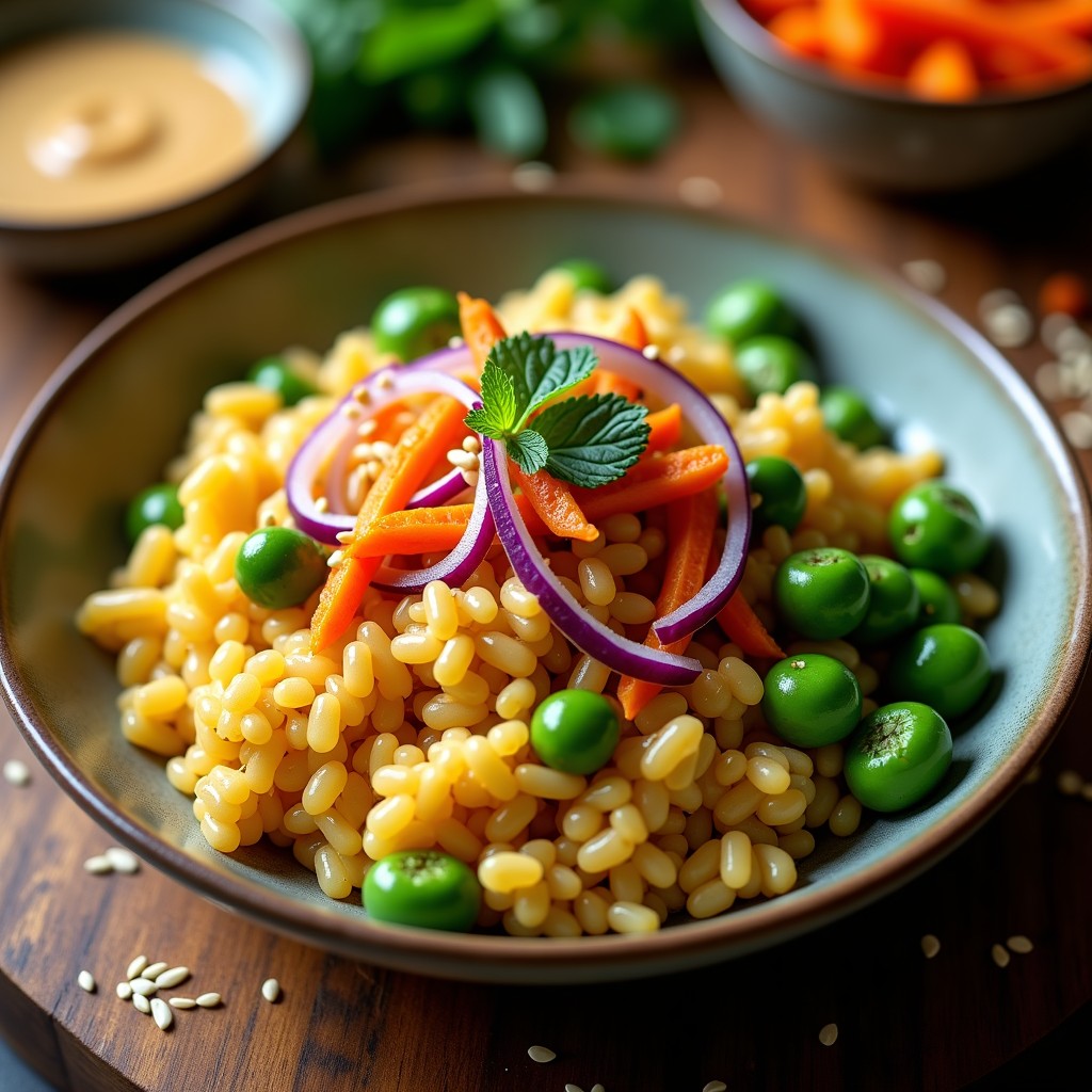 Bowl colorido con base de arroz de coliflor dorado, edamame verde, zanahoria morada en juliana y aderezo cremoso de sésamo, decorado con semillas de sésamo tostado y hojas de menta fresca. Receta árabe keto en 15 minutos.