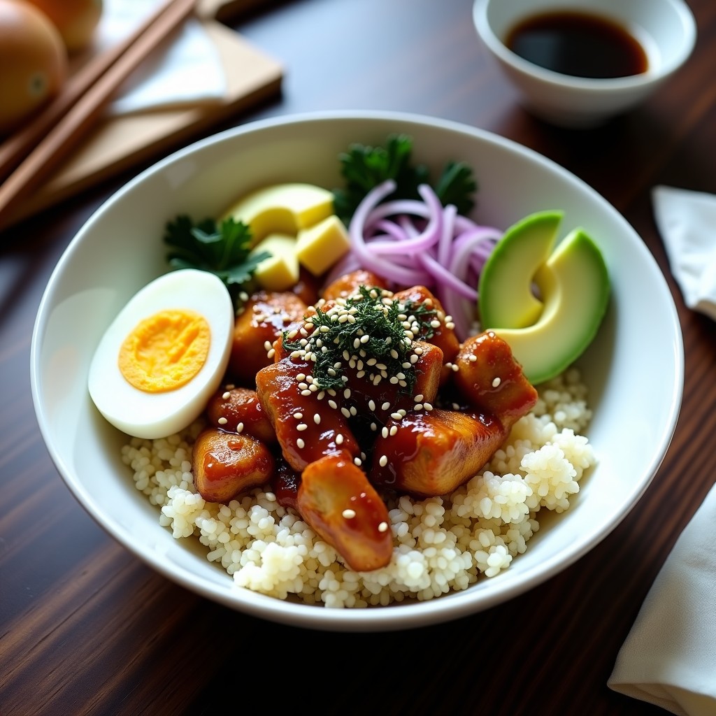 Bowl japonés keto con arroz de coliflor esponjoso, pollo teriyaki dorado en tiras, aguacate en cubos, pepino en juliana, cebolla morada, huevo en rodajas y semillas de sésamo tostadas, decorado con alga nori en un plato hondo de cerámica blanca.