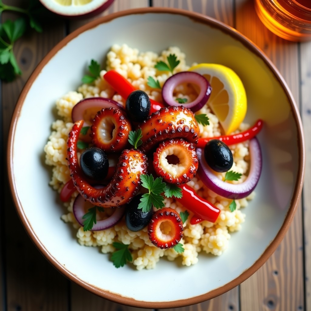 Bowl hondo de cerámica blanca con arroz de coliflor salteado, pulpo a la plancha en trozos dorados, cebolla morada en juliana, pimiento rojo asado en tiras y aceitunas negras. Aliño de pimentón de la Vera visibles sobre el pulpo. Decorado con perejil fresco y rodaja de limón. Fondos neutros y luz natural.