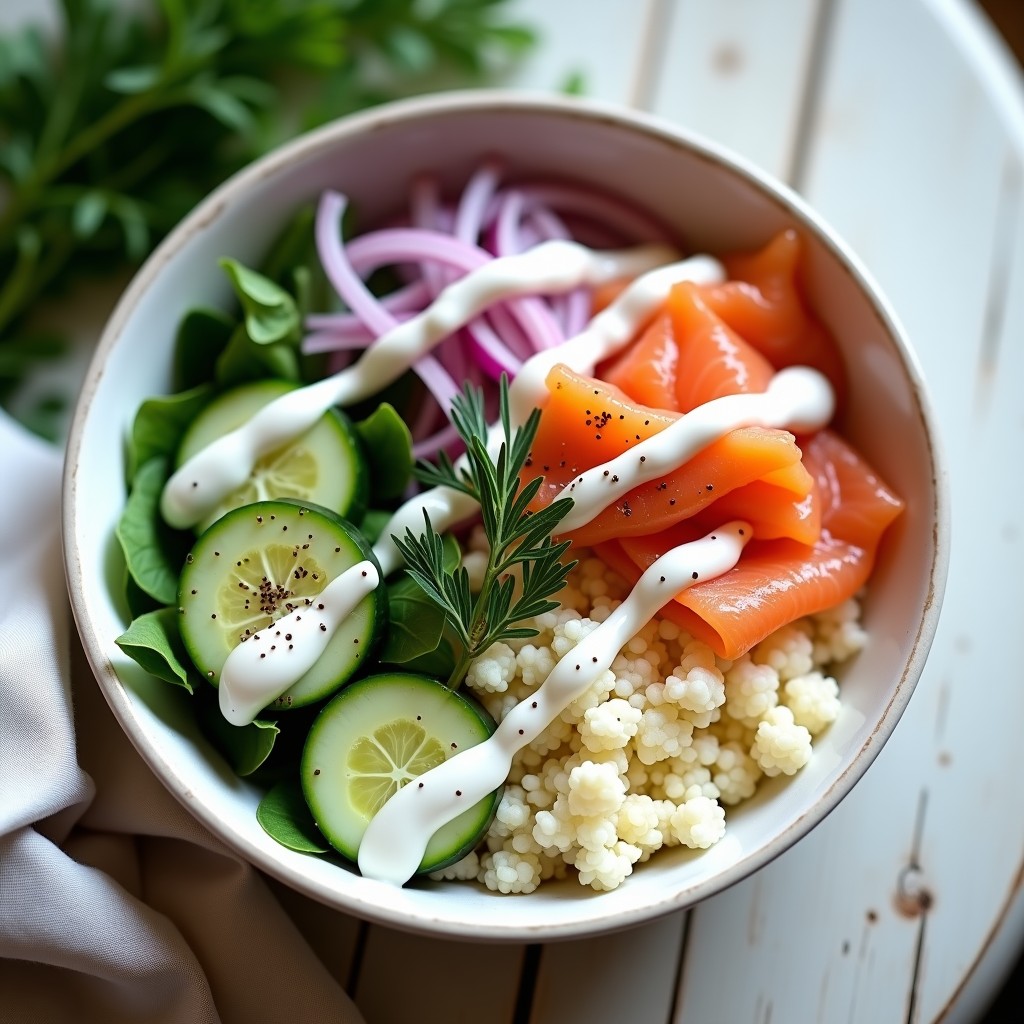 Bowl keto de arroz de coliflor dorado horneado, coronado con láminas de salmón ahumado, cubos de aguacate, huevos de codorniz abiertos y almendras tostadas. Bañado en aderezo cremoso de yogur y eneldo, decorado con semillas de sésamo negro y cebollino picado. Plato saludable y alto en proteína, ideal para dieta cetogénica.