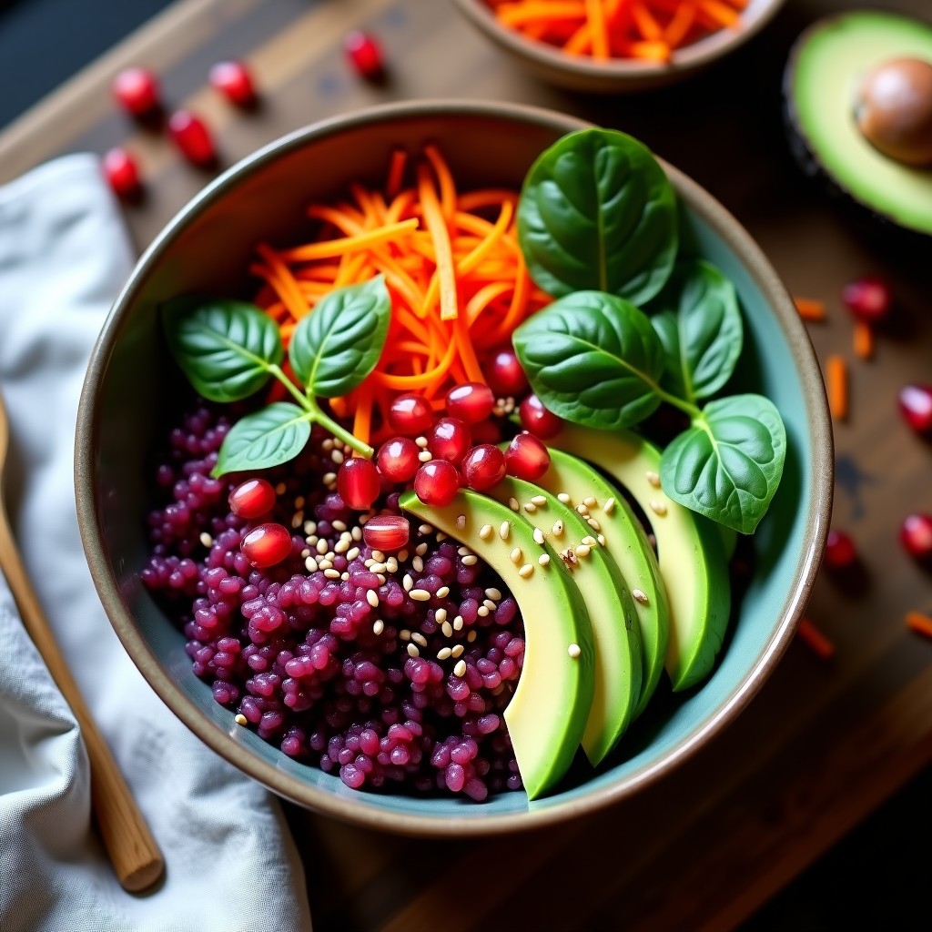 Bowl colorido con arroz morado en la base, cubos de aguacate cremoso, semillas de granado rojas brillantes, vegetales frescos y semillas de sésamo tostadas, receta peruana vegana alta en fibra.