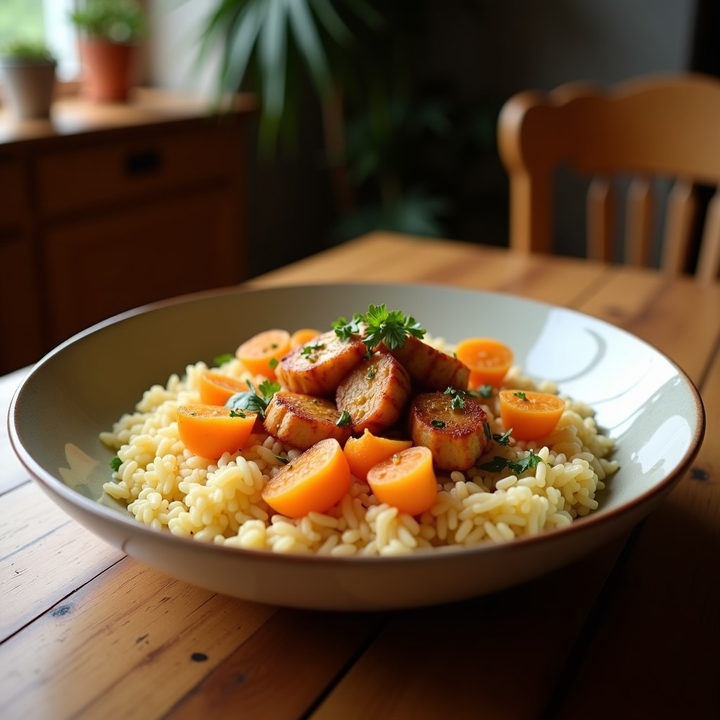 Bowl hondo de cerámica blanca con arroz salvaje oscuro, tiras de pollo ahumado dorado, arándanos secos rojos, zanahoria naranja en juliana, apio verde y almendras tostadas. Bañado en una vinagreta dorada y decorado con yogur griego y cebollino picado. Receta americana de bowl de arroz salvaje y arándanos con pollo ahumado y vinagreta de miel.