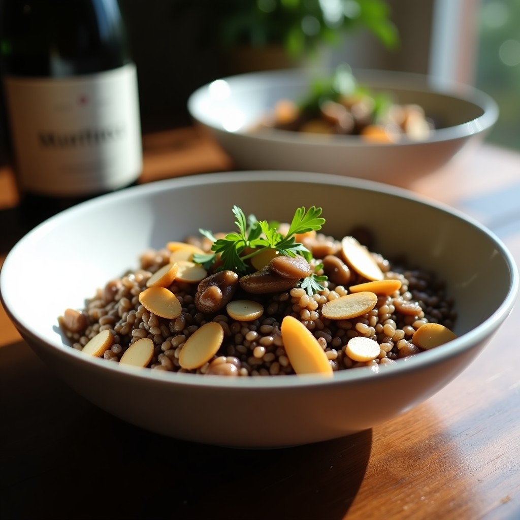 Bowl elegante de arroz salvaje con champiñones portobello dorados y salsa reducida de champagne, decorado con almendras fileteadas y perejil fresco, servido en plato hondo blanco sobre fondo rústico.