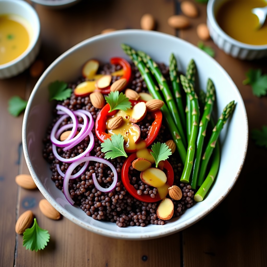 Bowl colorido y apetitoso de arroz salvaje oscuro con espárragos trigueros verdes, zanahoria morada, pepino, aguacate y almendras fileteadas, bañado en vinagreta de mostaza de Dijon. Receta sin gluten y detox.