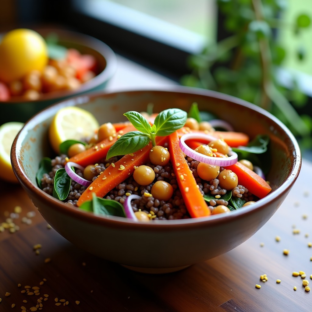 Bowl colorido con arroz salvaje negro y marrón, garbanzos dorados, cebolla morada, pimiento rojo y zanahoria salteados, espinacas frescas y semillas de sésamo, bañado en aderezo amarillo de limón y azafrán. Receta vegana reconfortante.